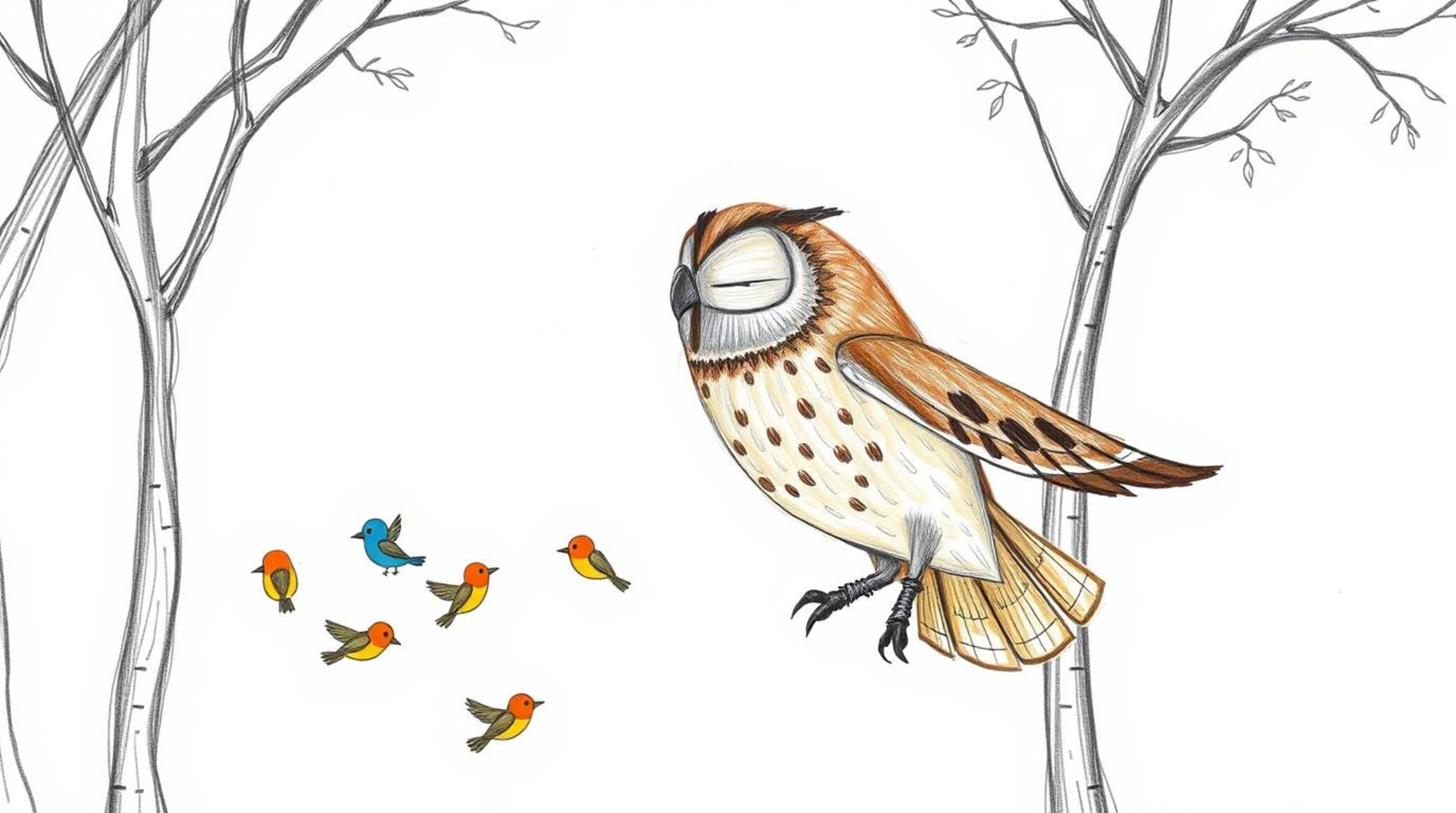 A heartwarming hand-drawn sketch inspired by Pixar, showcasing a blind owl gracefully gliding through a forest, guiding a flo