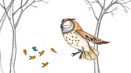 A heartwarming hand-drawn sketch inspired by Pixar, showcasing a blind owl gracefully gliding through a forest, guiding a flo