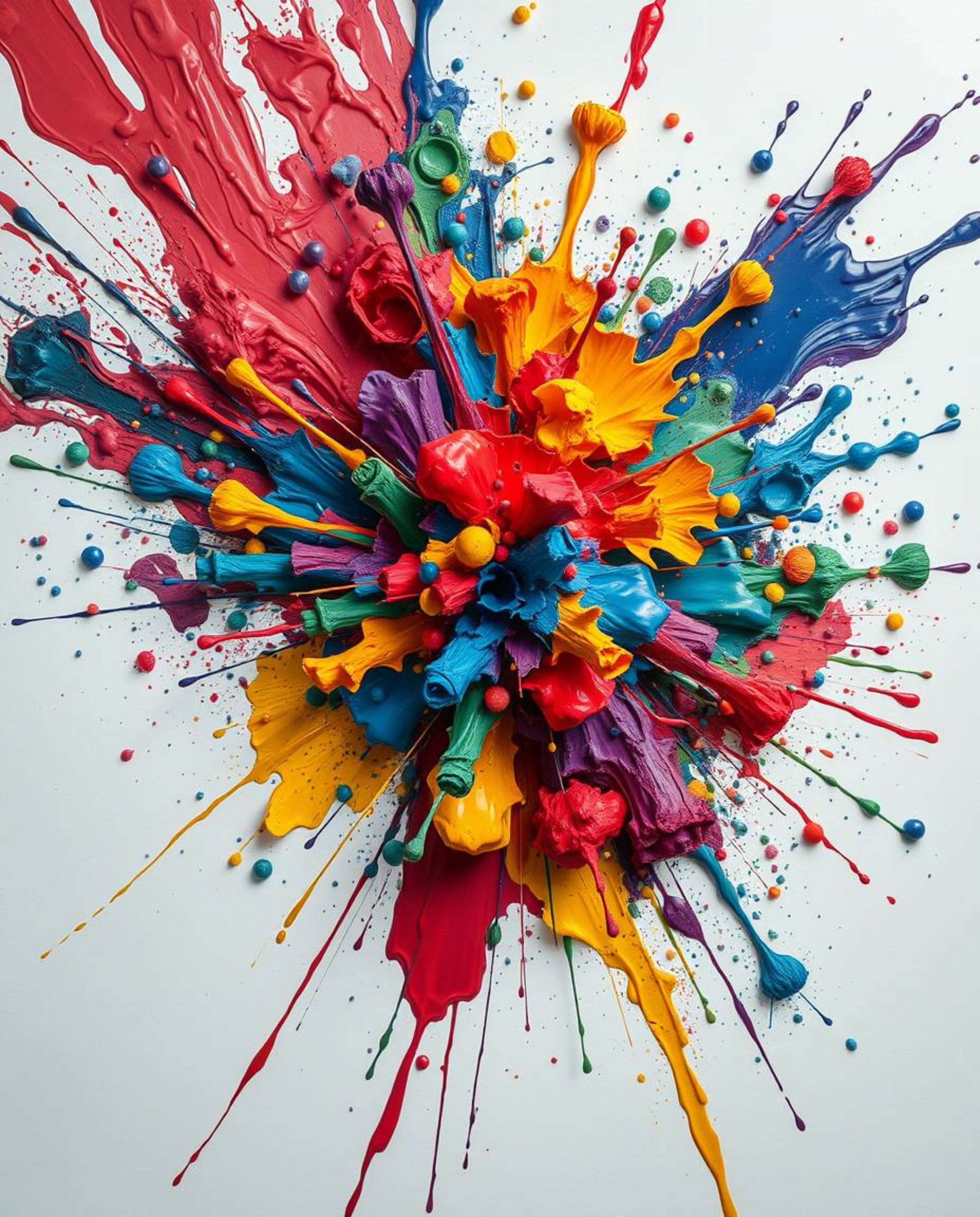 Experience a stunning overhead bird's-eye view reminiscent of Isekai anime, showcasing a vibrant explosion of colorful paint 