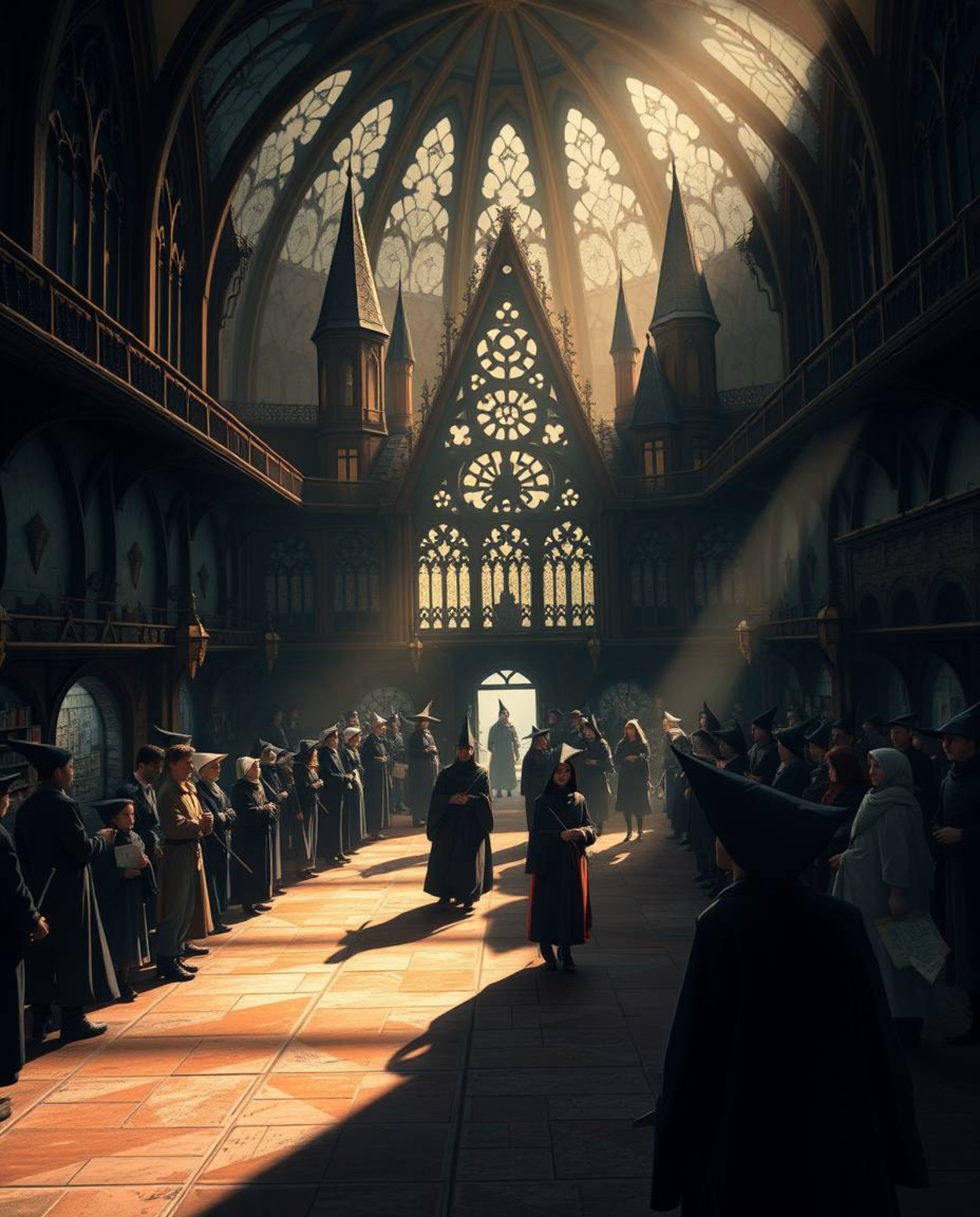 Discover a breathtaking visual of a magical school brimming with young wizards.  Rendered in a dramatic chiaroscuro style wit