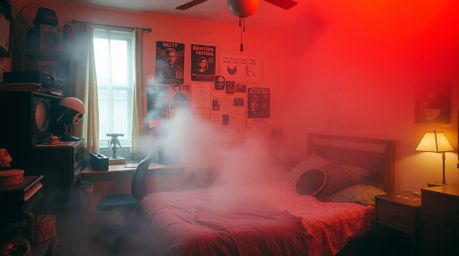 A captivating image depicts a messy bedroom shrouded in thick fog, illuminated by warm reds, oranges, and yellows.  Strange g