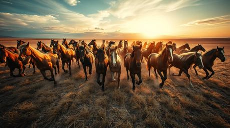 A breathtaking overhead bird's eye view captures a herd of wild horses running freely beneath a glowing sky. The scene is scu