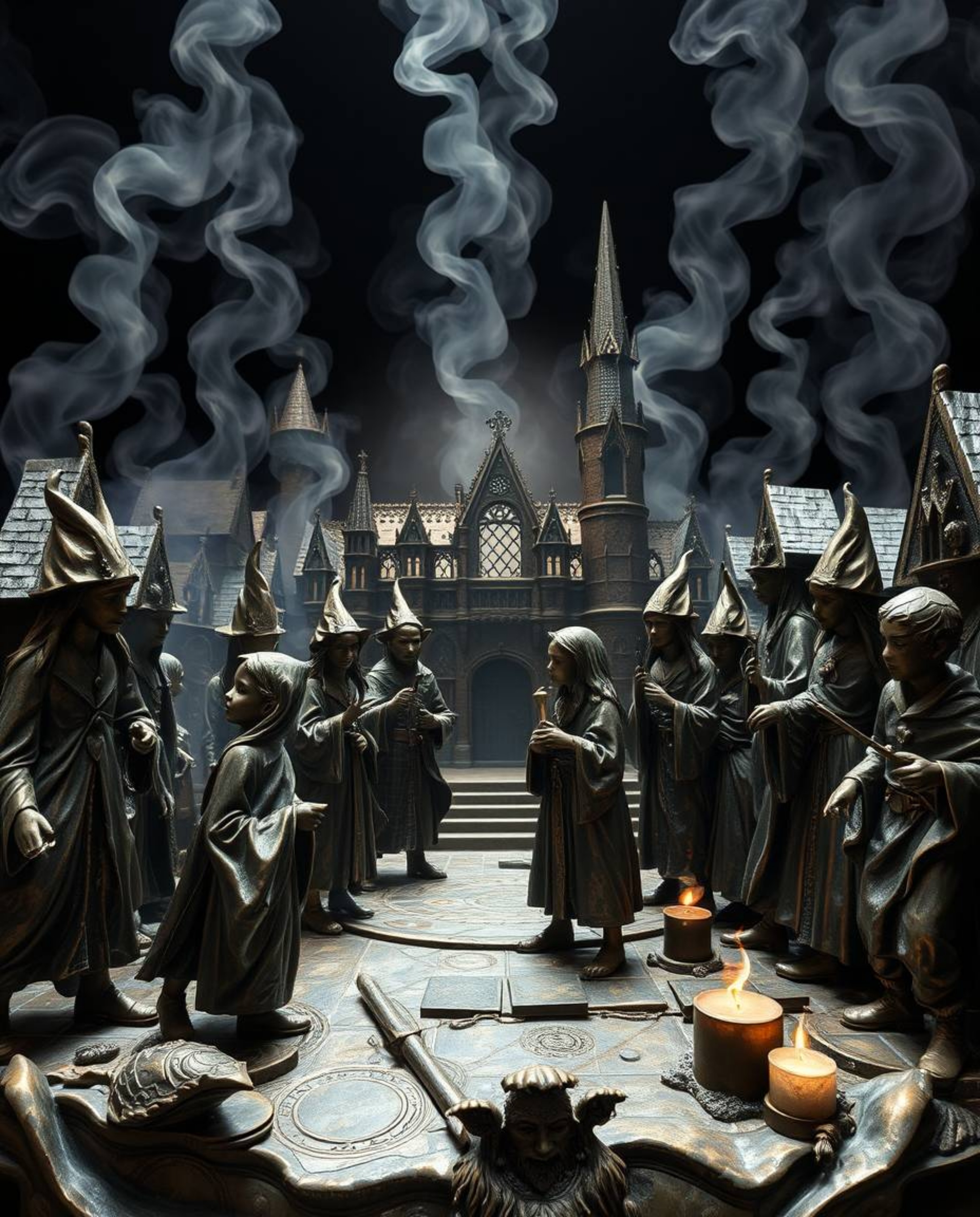This cast bronze sculpture depicts a magical school teeming with young wizards, radiating an ethereal and spiritual vibe enha