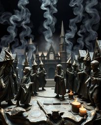 This cast bronze sculpture depicts a magical school teeming with young wizards, radiating an ethereal and spiritual vibe enha