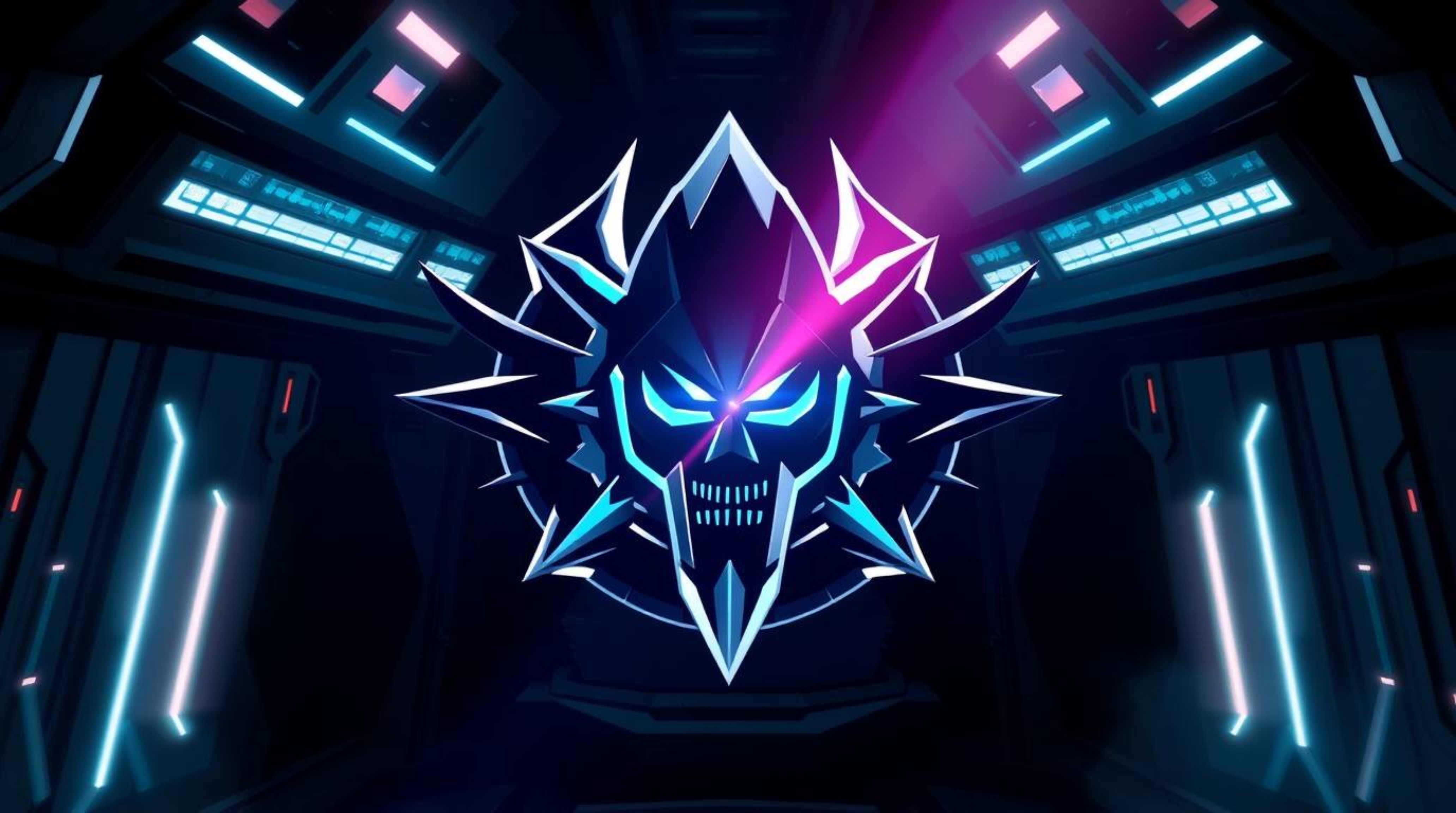 A modern and futuristic logo design capturing a villain's epic breakdown within a grand, high-tech lair. The logo utilizes ge