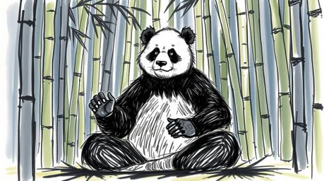 A vibrant, hand-drawn sketchnote depicts a martial artist panda in deep meditation within a serene bamboo forest.  High contr