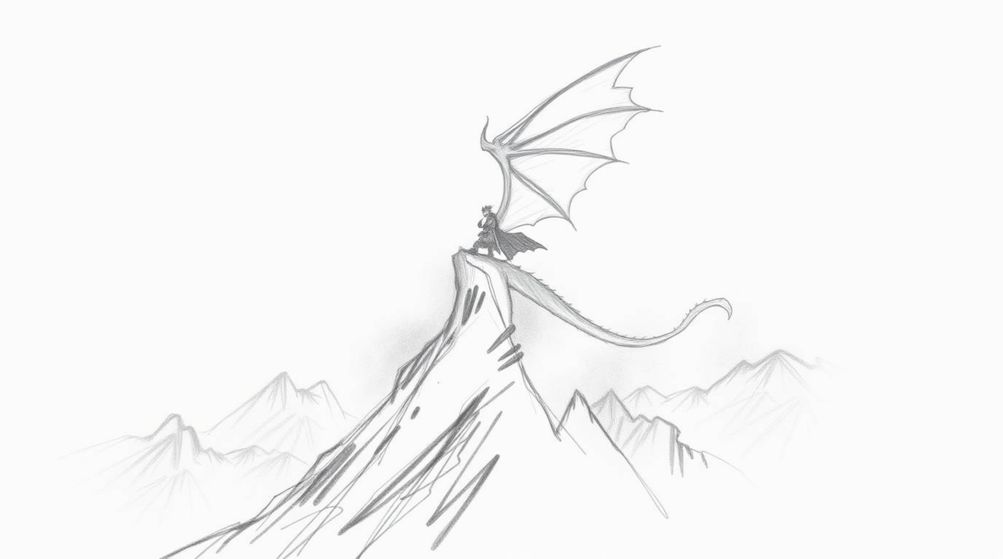 A hand-drawn sketch depicting a silhouetted dragon and rider soaring above icy mountains shrouded in thick fog, creating an e
