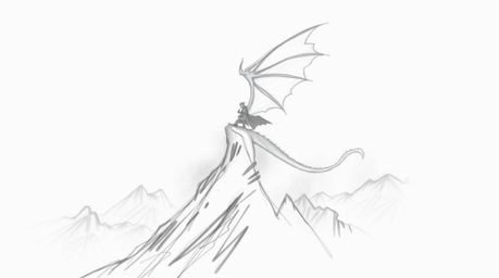 A hand-drawn sketch depicting a silhouetted dragon and rider soaring above icy mountains shrouded in thick fog, creating an e