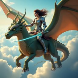 A stunning image depicts a majestic dragon rider, resplendent in ornate silver armor, soaring through the sky upon a massive,