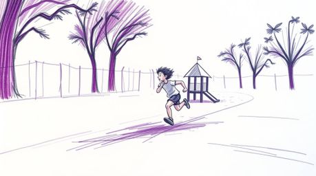 A captivating hand-drawn sketch depicts a dramatic slow-motion run through a playground.  Rendered in deep ultraviolet hues w