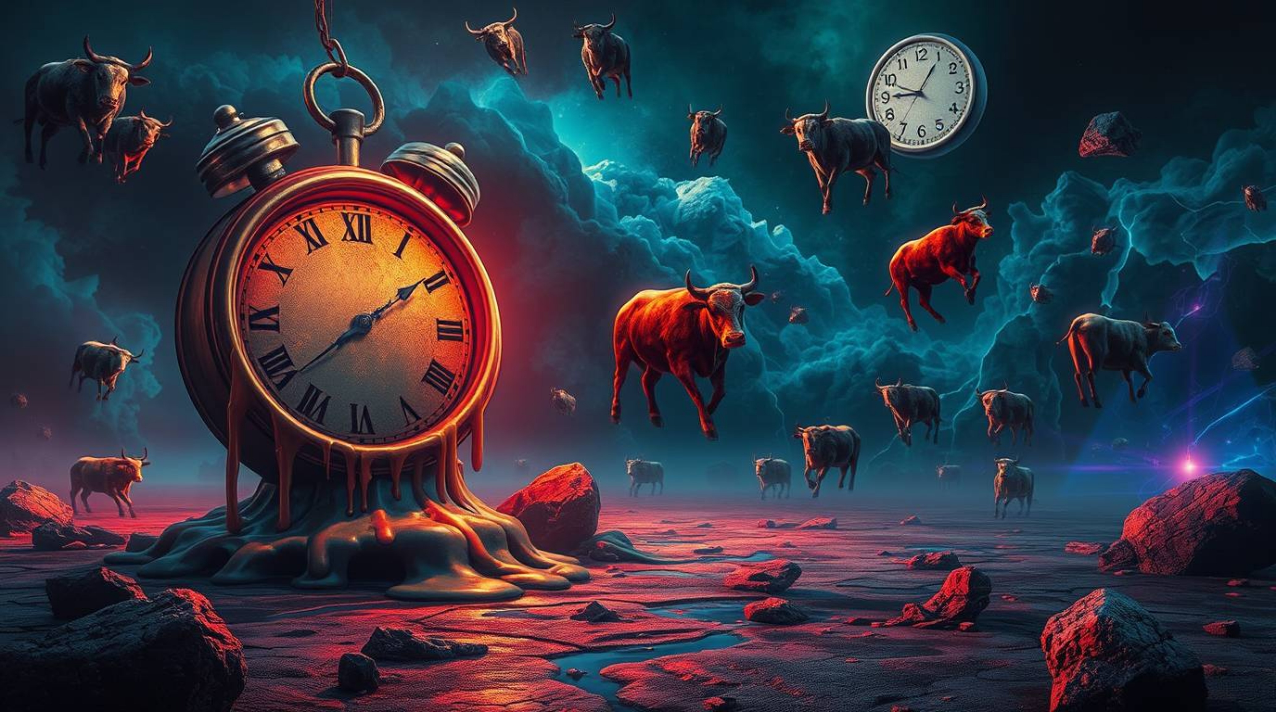 Experience a captivating surreal dreamscape featuring melting clocks and floating cows.  Rendered in a dark, unsettling atmos