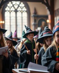 Find a high-resolution stock photo of a magical school teeming with young wizards, sharply focused against a beautifully blur