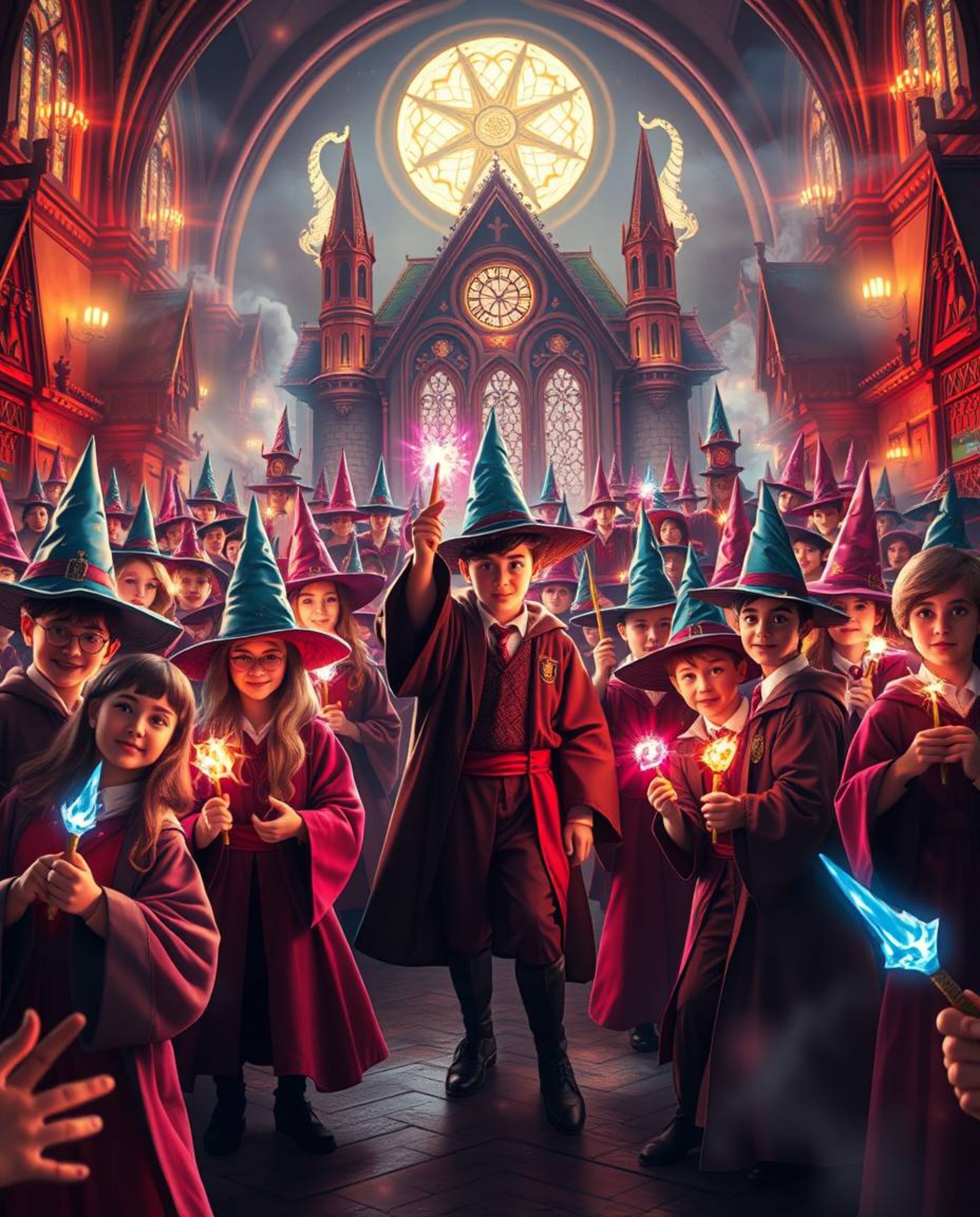 Experience a magical school on a grand scale, teeming with young wizards and heroic tales. The scene bursts with lively energ