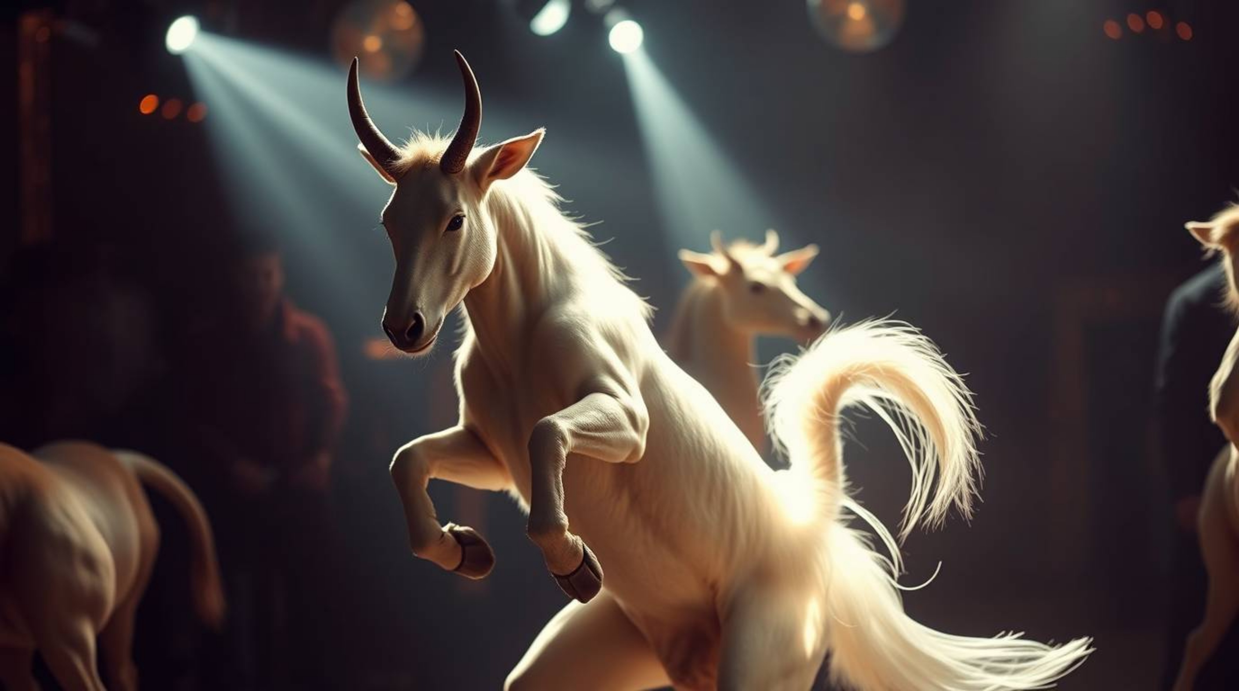 Experience a sophisticated animal dance party illuminated by dramatic hard light and vibrant disco lights.  The refined anima