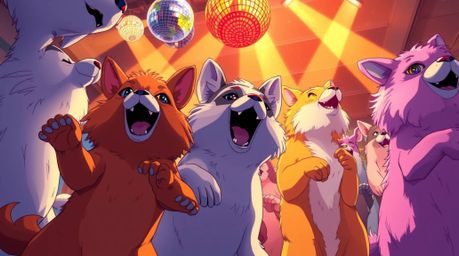 An electrifying isekai-style illustration depicts an animal dance party bathed in dazzling disco lights.  The low-angle persp