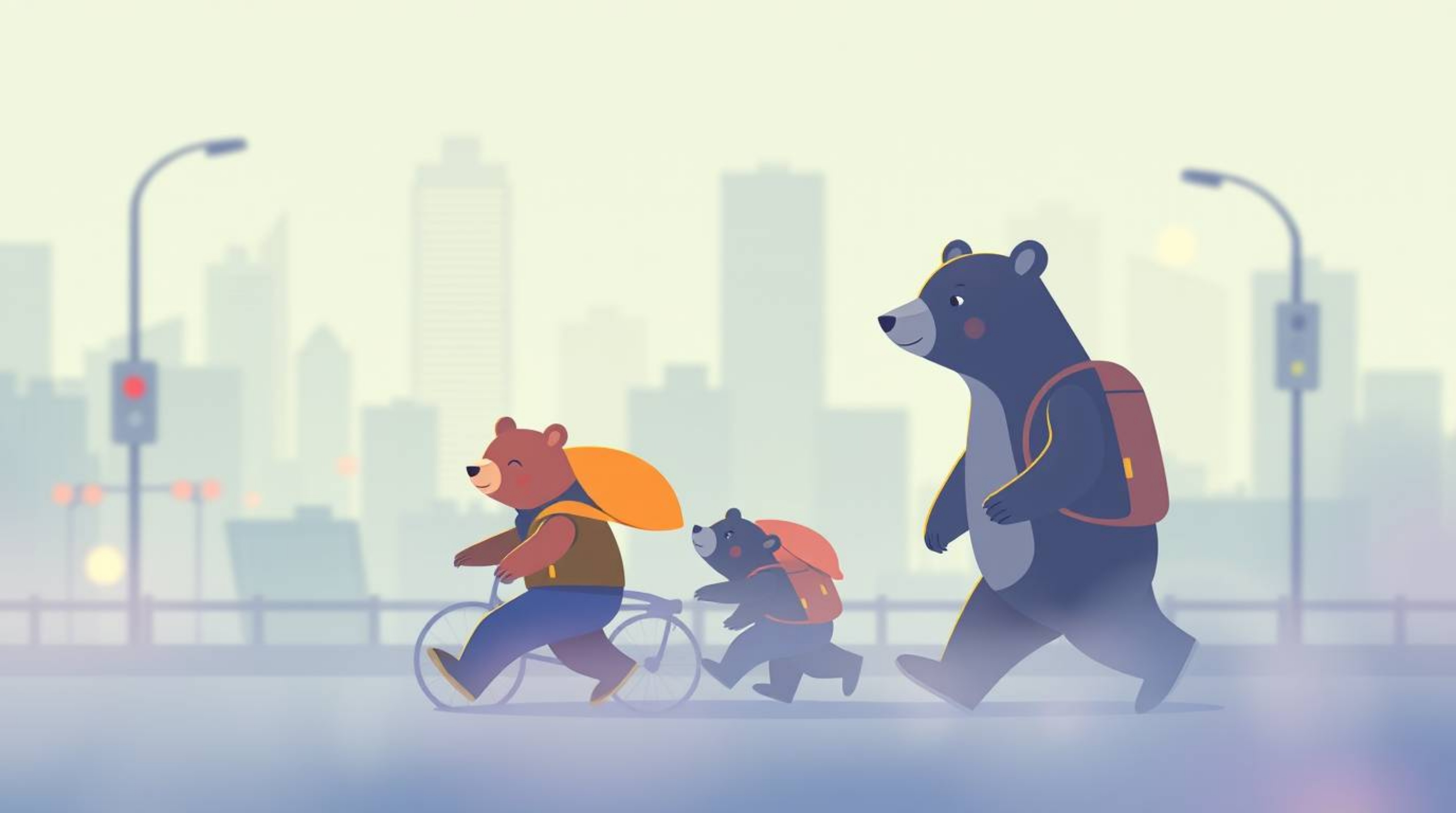 A captivating modern flat design illustration depicts a bear family embarking on a whimsical urban adventure.  The scene is a