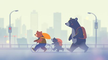 A captivating modern flat design illustration depicts a bear family embarking on a whimsical urban adventure. The scene is a