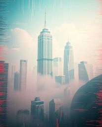 A captivating surreal digital landscape rendered in infrared tones, showcasing distorted skyscrapers amidst a sea of static n