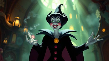 A classic Disney villain, with rosy cheeks, casts a spell within a whimsical castle bathed in soft, dreamy light. The scene