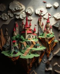 Discover a vibrant fantasy kingdom, meticulously crafted with layered papier-mâché. Floating islands and majestic castles ar