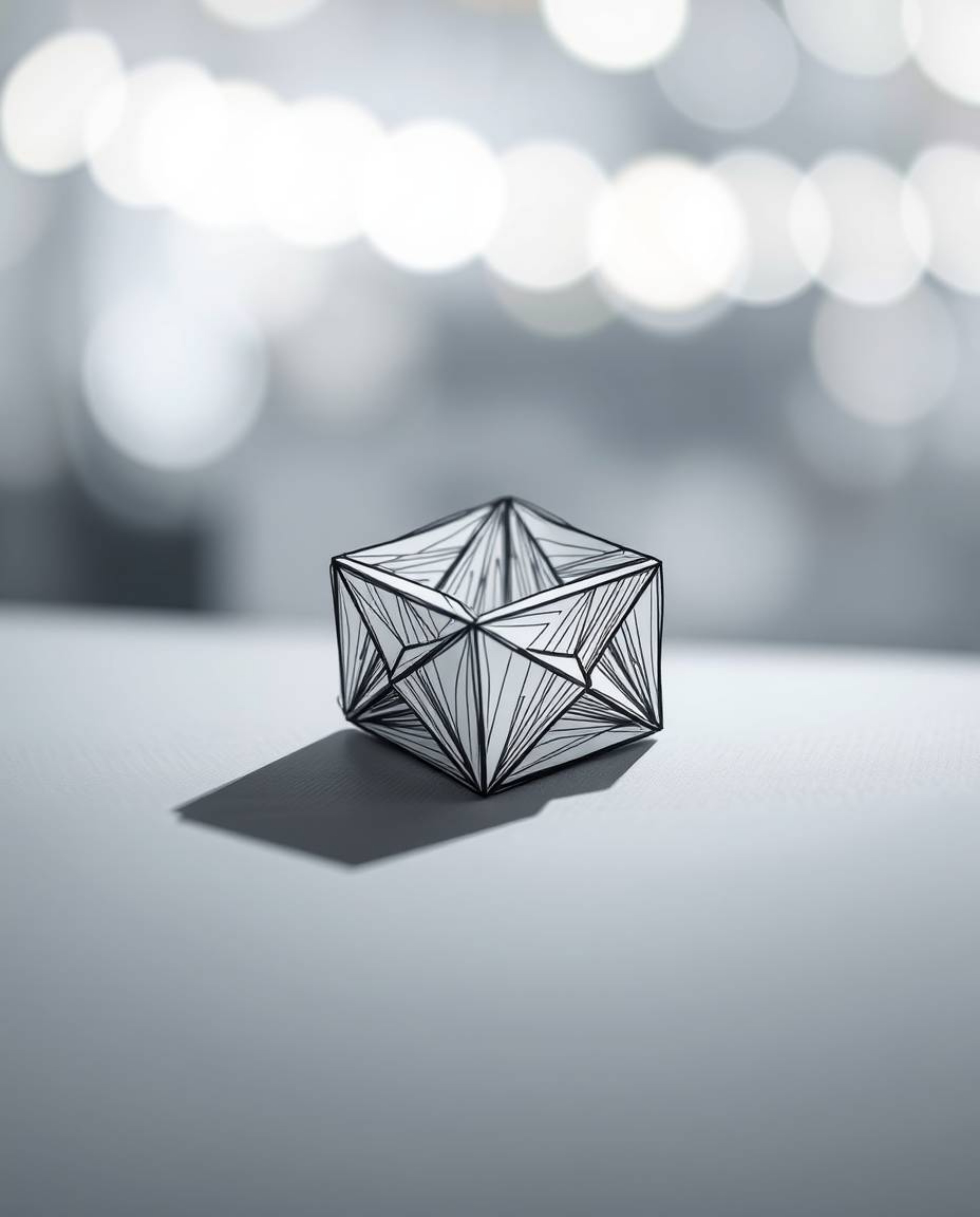 This artwork features a hand-drawn sketchnote style image with a blurred bokeh background. The central subject is a 3D geomet