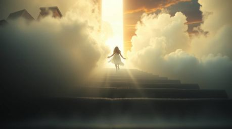 An extreme macro close-up captures a lone figure with delicate features ascending a stone staircase into a divine beam of lig