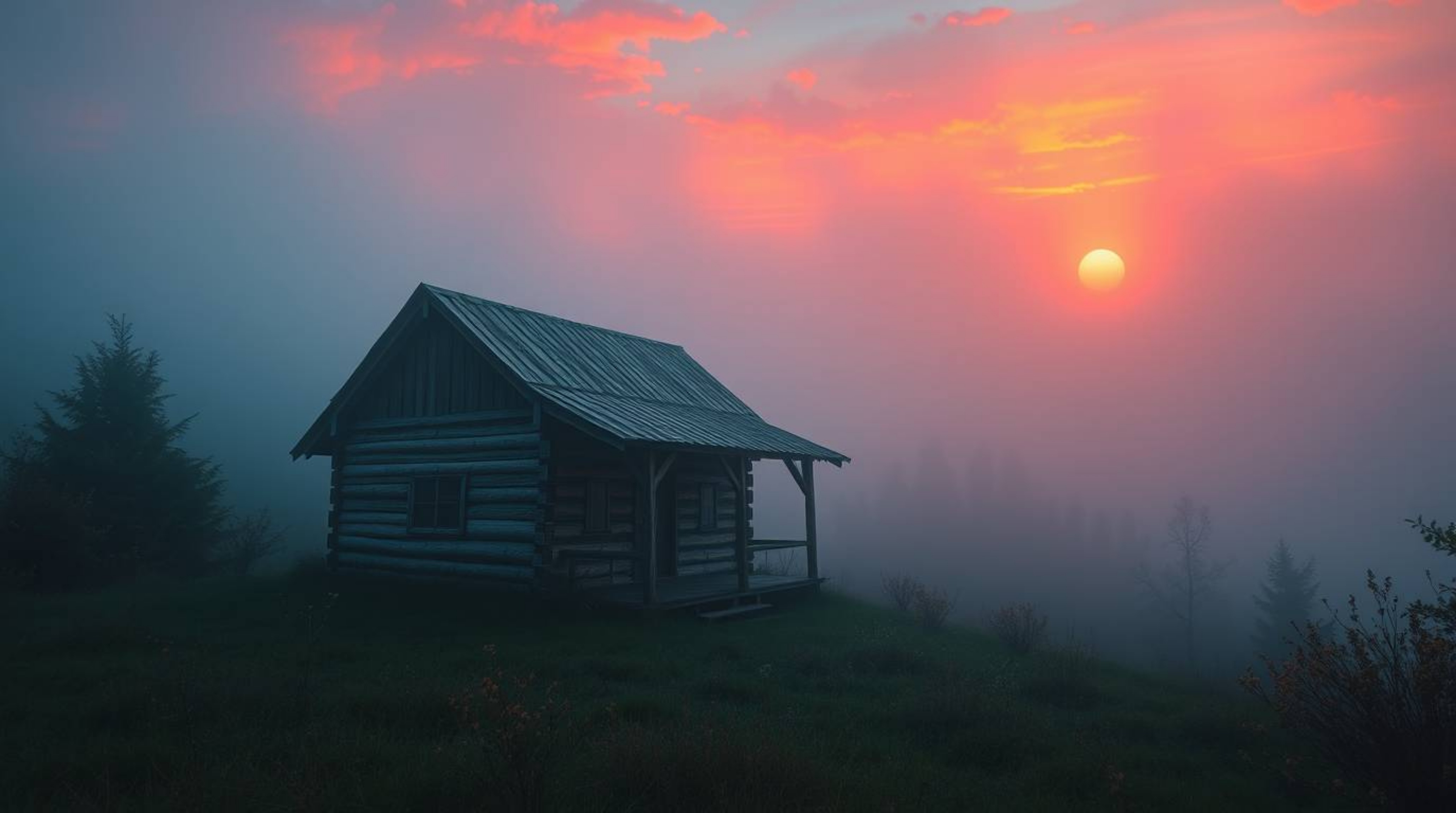 A digitally painted image of an old wooden cabin nestled in thick fog at sunset, capturing a scene of vibrant colors and low 