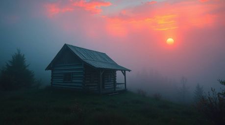 A digitally painted image of an old wooden cabin nestled in thick fog at sunset, capturing a scene of vibrant colors and low 