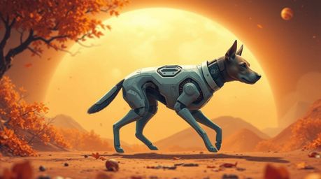 A captivating image of a futuristic dog autonomously navigating space.  The artwork blends a vibrant, warm autumnal color pal