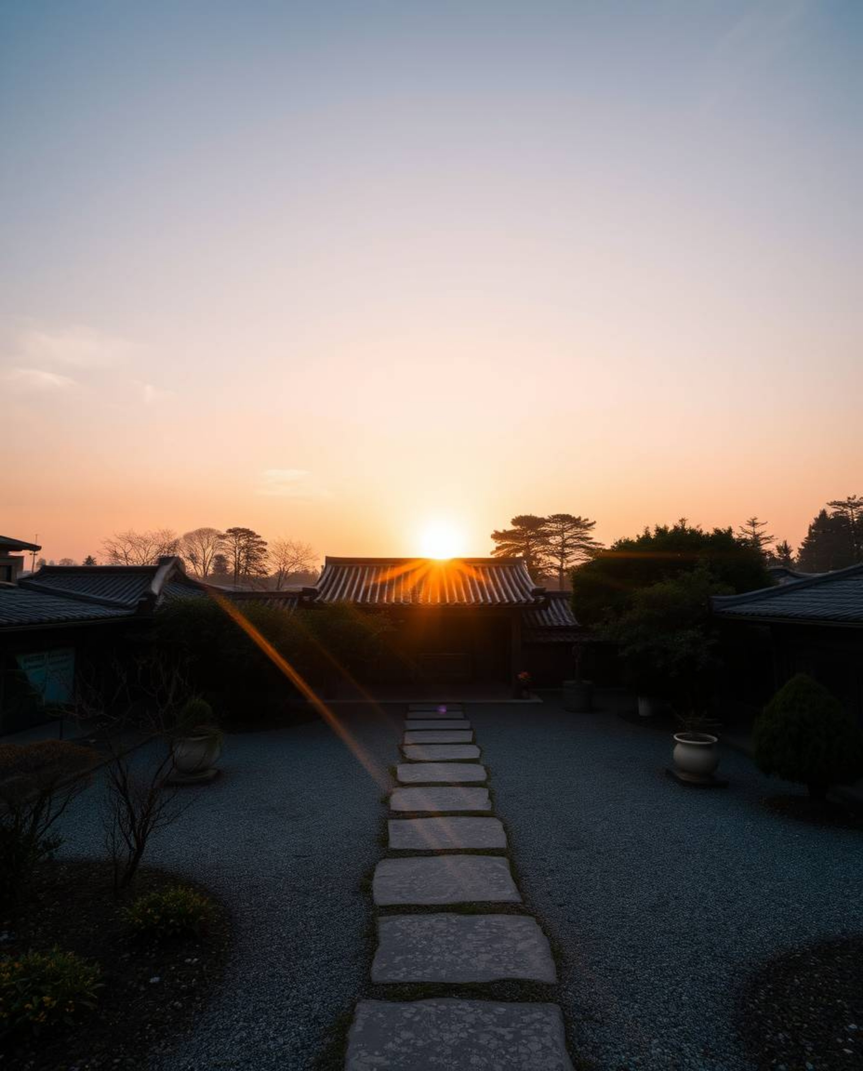 A long-exposure photograph of a sunset over a serene Zen garden, capturing ethereal light trails and creating a mystical atmo