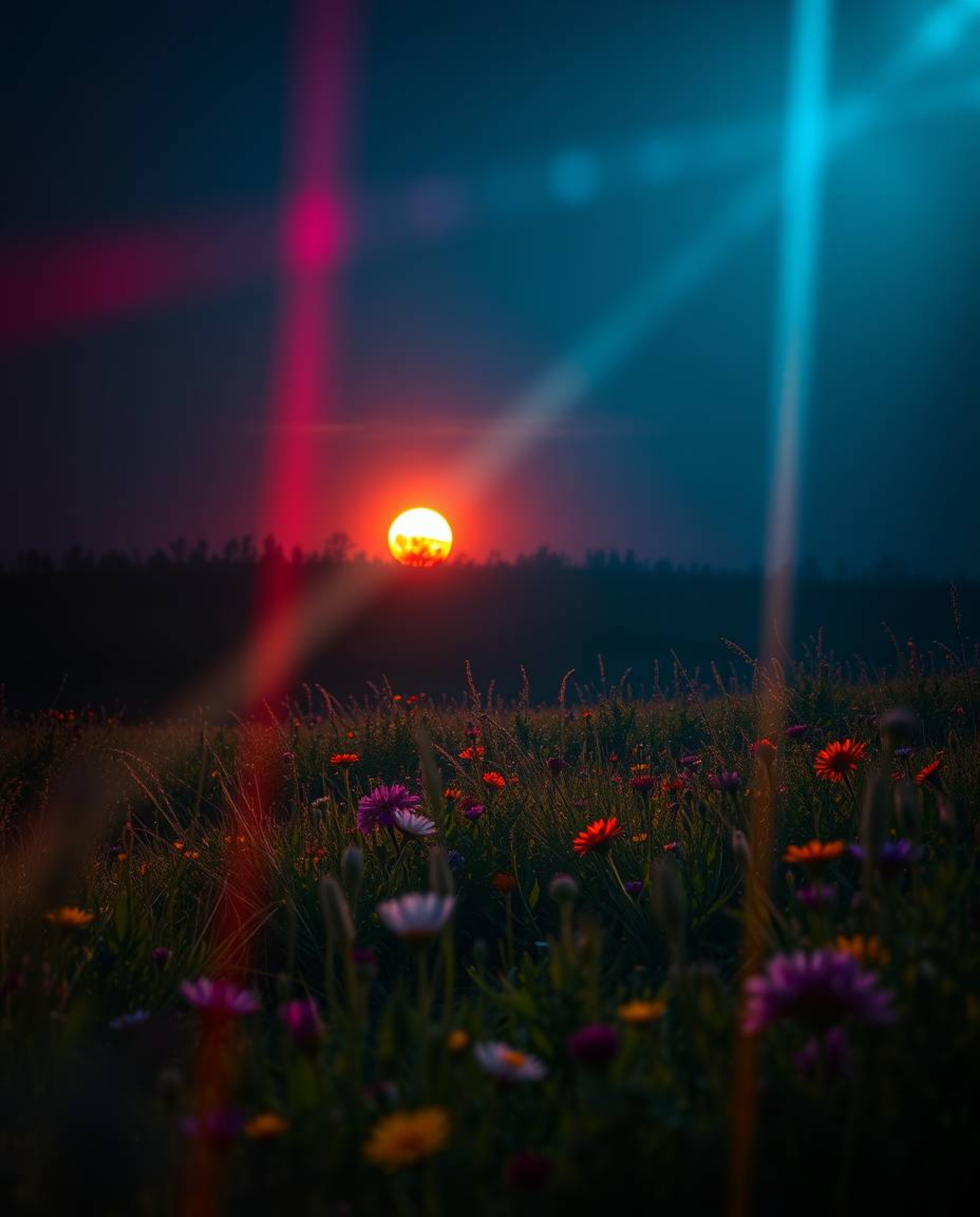 A dark and unsettling scene capturing a sunset over a spring wildflower meadow, defined by its eerie atmosphere. The image fe
