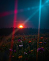 A dark and unsettling scene capturing a sunset over a spring wildflower meadow, defined by its eerie atmosphere. The image fe