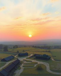 A soft pastel painting depicting a sunrise over a war-torn landscape, viewed from a bird's-eye perspective. This artwork aims