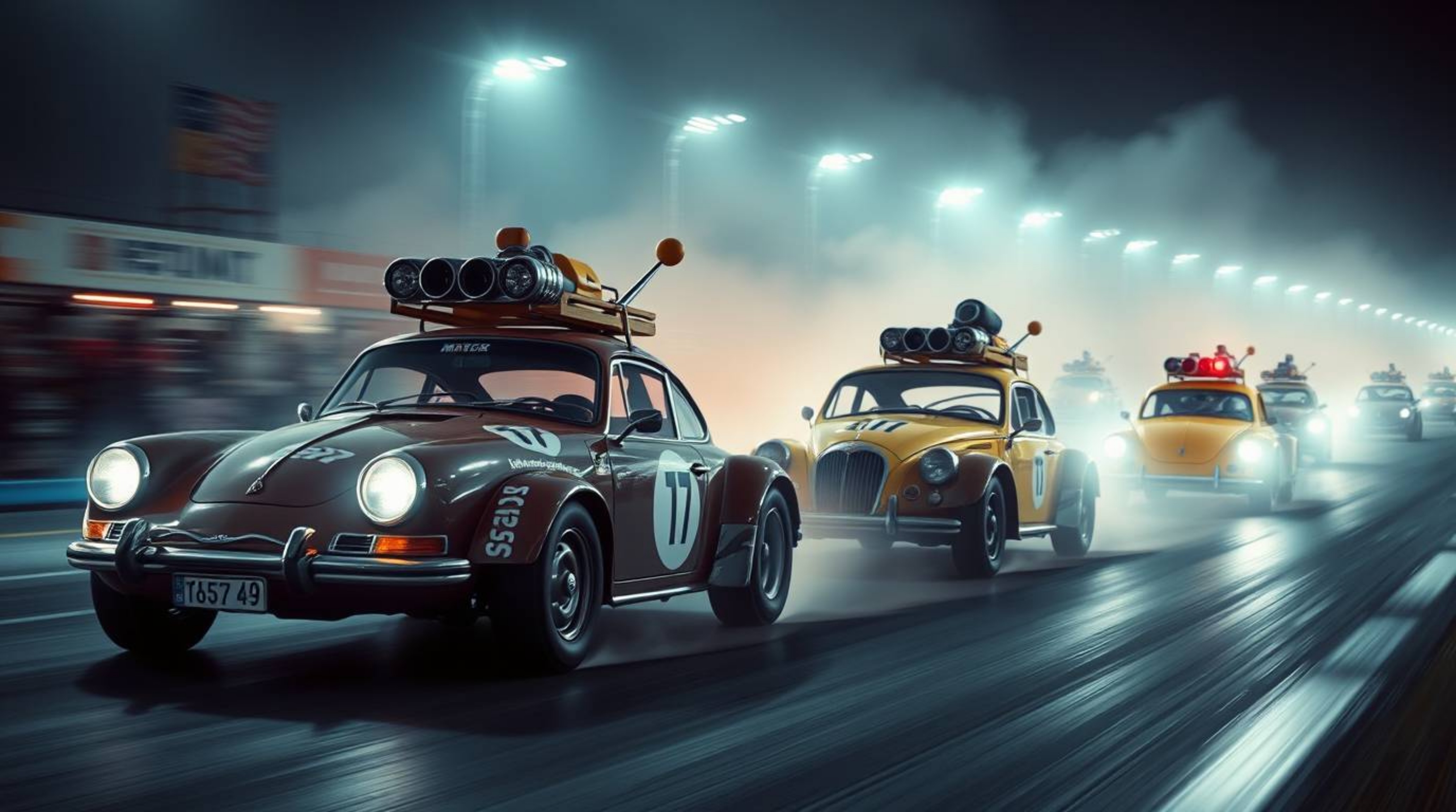Capture the thrill of a wacky racing scene in a stunning long exposure photograph. Outlandish cars speed through a soft, drea