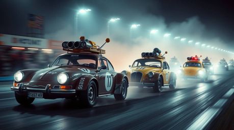 Capture the thrill of a wacky racing scene in a stunning long exposure photograph. Outlandish cars speed through a soft, drea