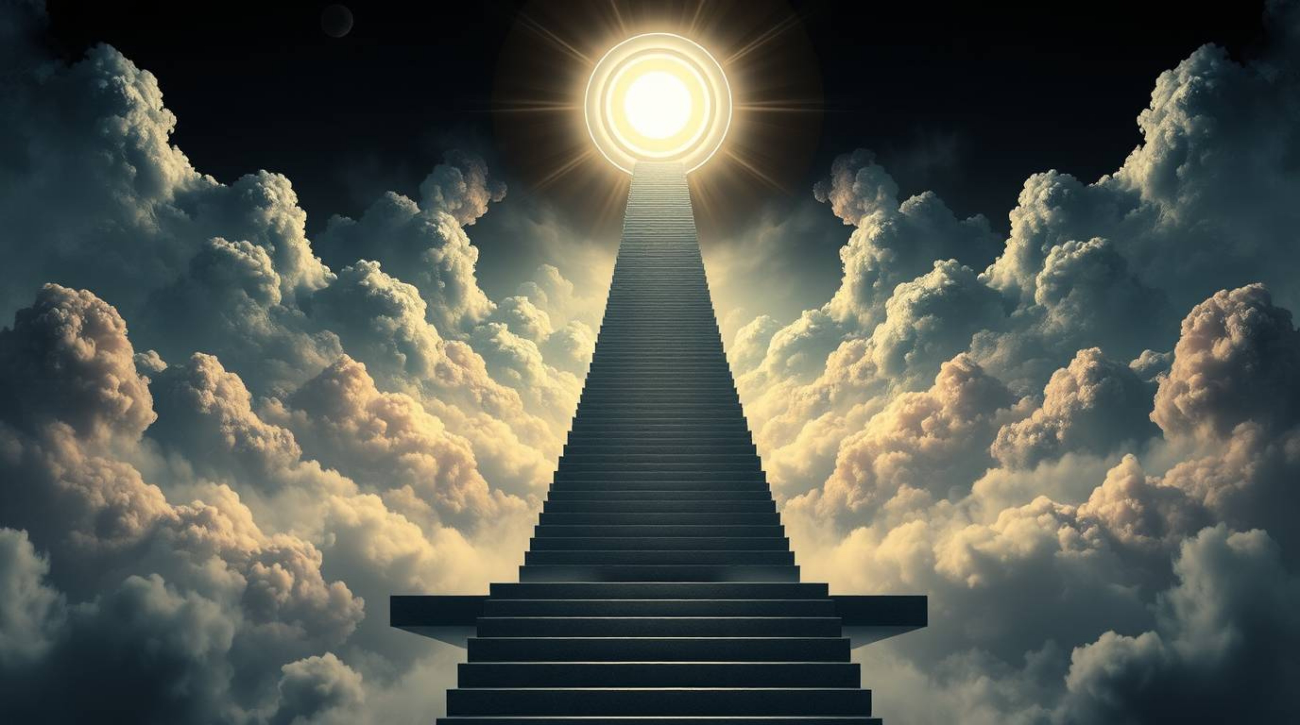 An epic, modern, and futuristic scene depicts a surreal stairway ascending through smoky clouds towards a celestial light.  R