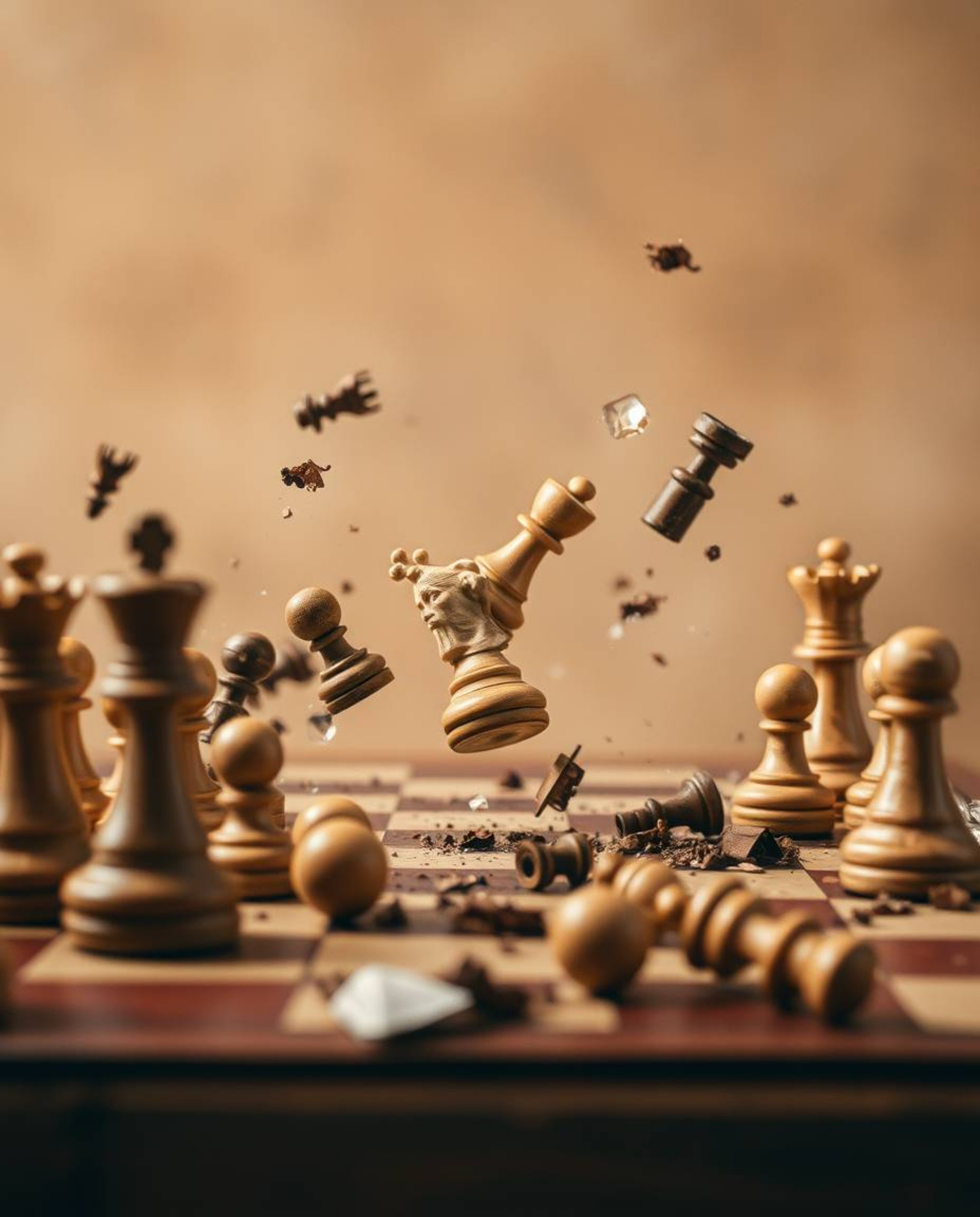 This photograph captures a chessboard in a state of dynamic destruction, with pieces suspended mid-air. Utilizing a palette o