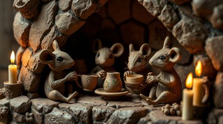 This sculptural clay art depicts a delightful scene of anthropomorphic mice enjoying a tea party in a cozy cottage. Warm cand