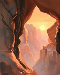 A classic oil painting creates a soft, dreamy atmosphere, depicting a sunset illuminating sandstone cliffs in a canyon. The a