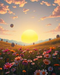 A charming and futuristic sci-fi scene depicting a sunset over a spring wildflower meadow. This imaginative artwork combines 