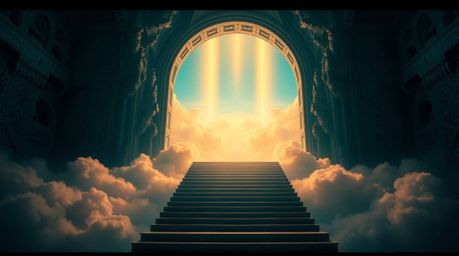 Explore a world of fantasy and realism with a rich, deep teal color palette. This scene depicts a cinematic heavenly gate, ba