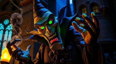 A classic Disney villain sculpture, meticulously crafted from layered papier-mâché, captivates with its vibrant, bioluminesce