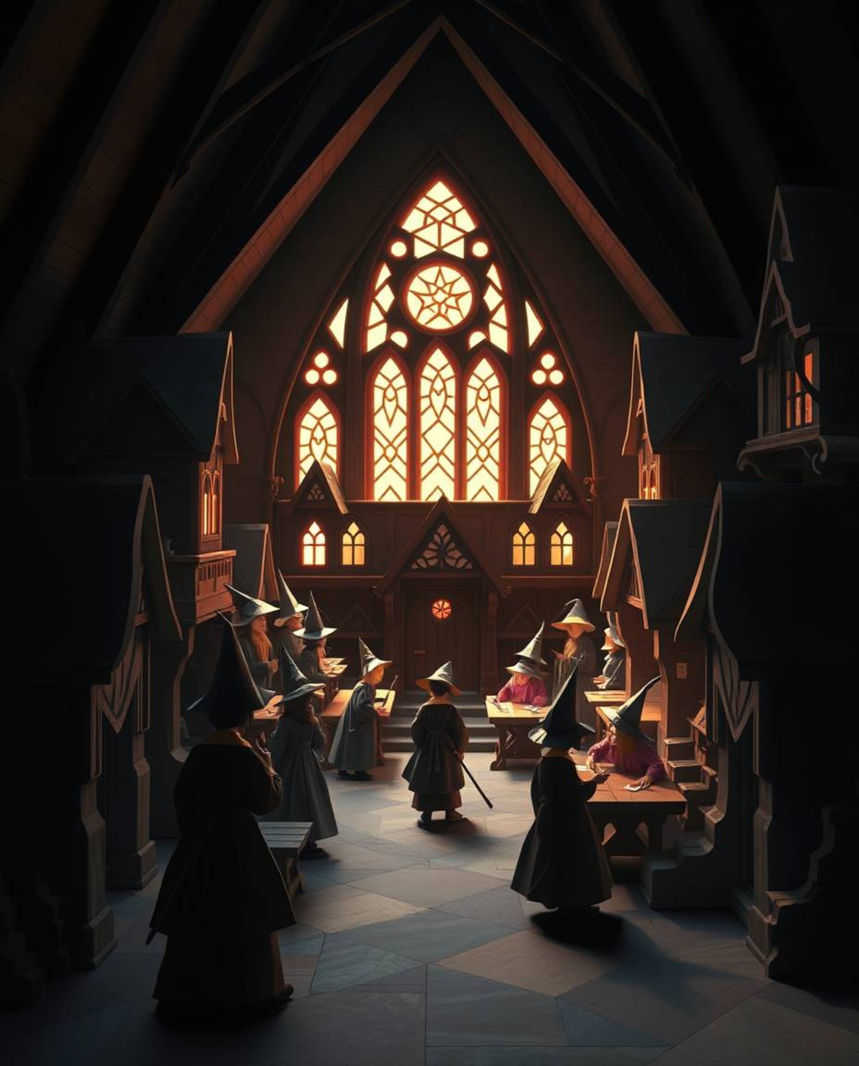 Experience a whimsical world where a magical school is populated by young wizards, all meticulously rendered in intricate ori