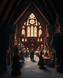 Experience a whimsical world where a magical school is populated by young wizards, all meticulously rendered in intricate ori
