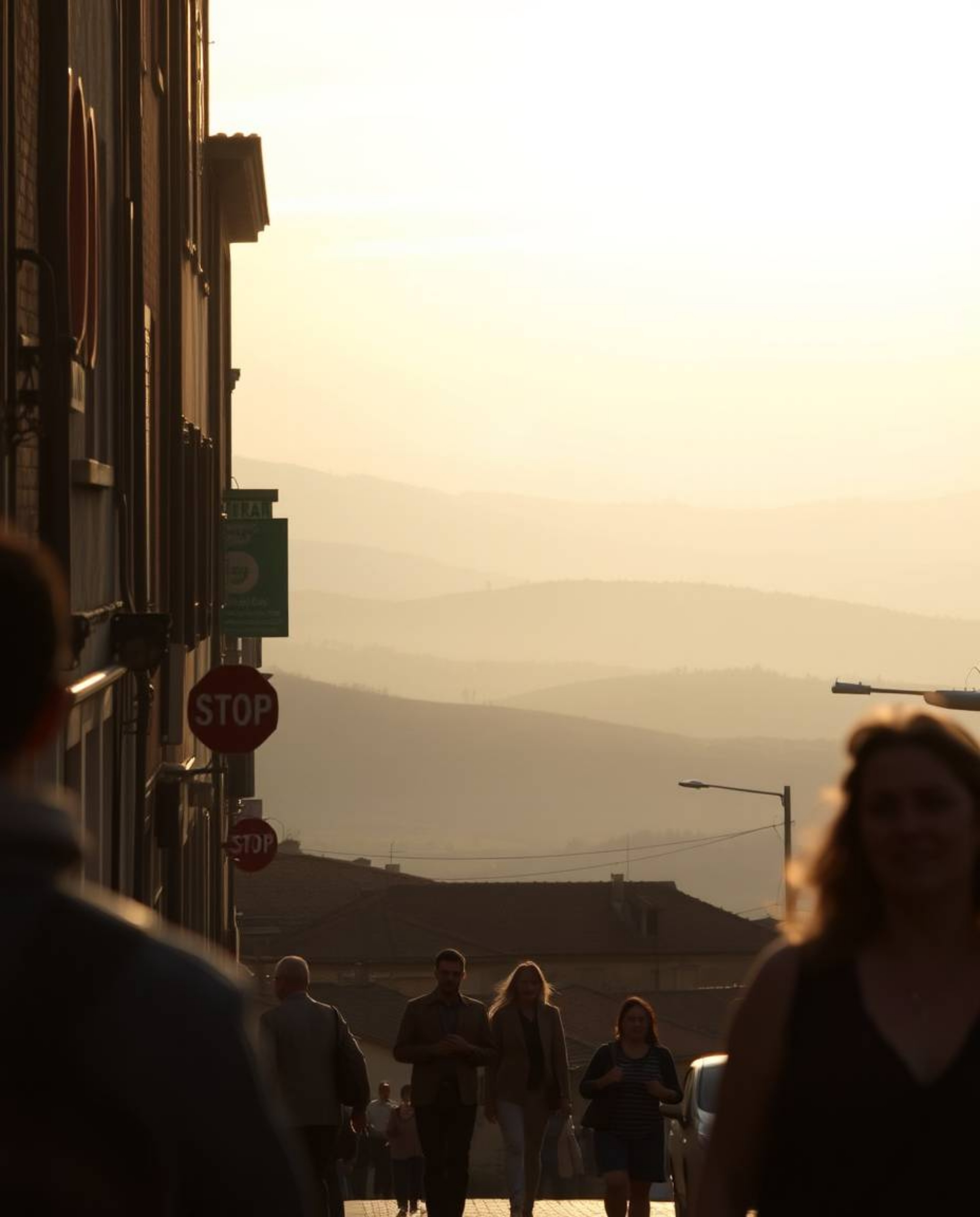 This is a unique image capturing a sunset over misty rolling hills in Tuscany through the lens of candid street photography. 