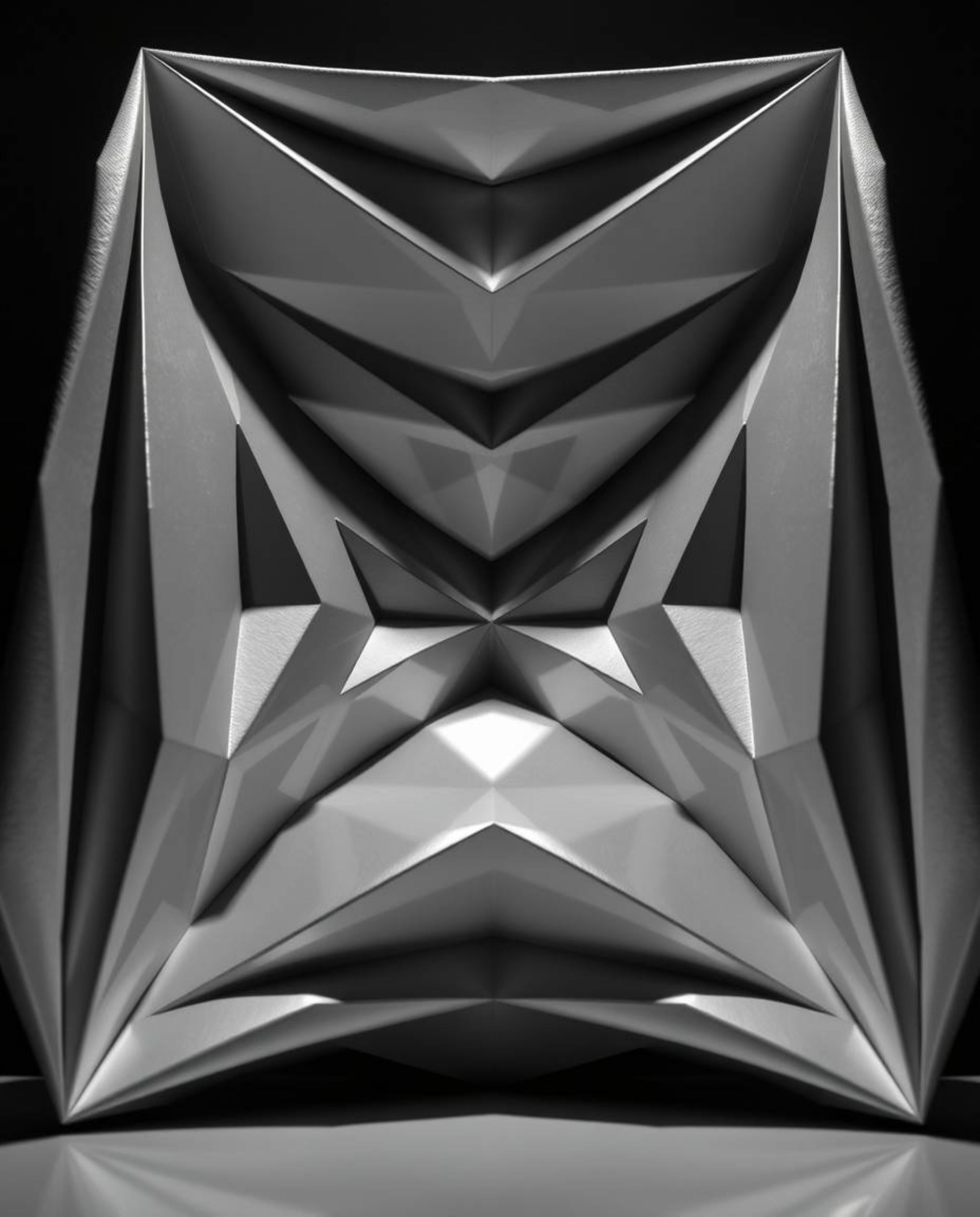 A captivating monochrome, low-angle shot reveals a mesmerizing 3D geometric pattern, reminiscent of folded paper.  Dramatic i