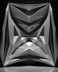 A captivating monochrome, low-angle shot reveals a mesmerizing 3D geometric pattern, reminiscent of folded paper.  Dramatic i