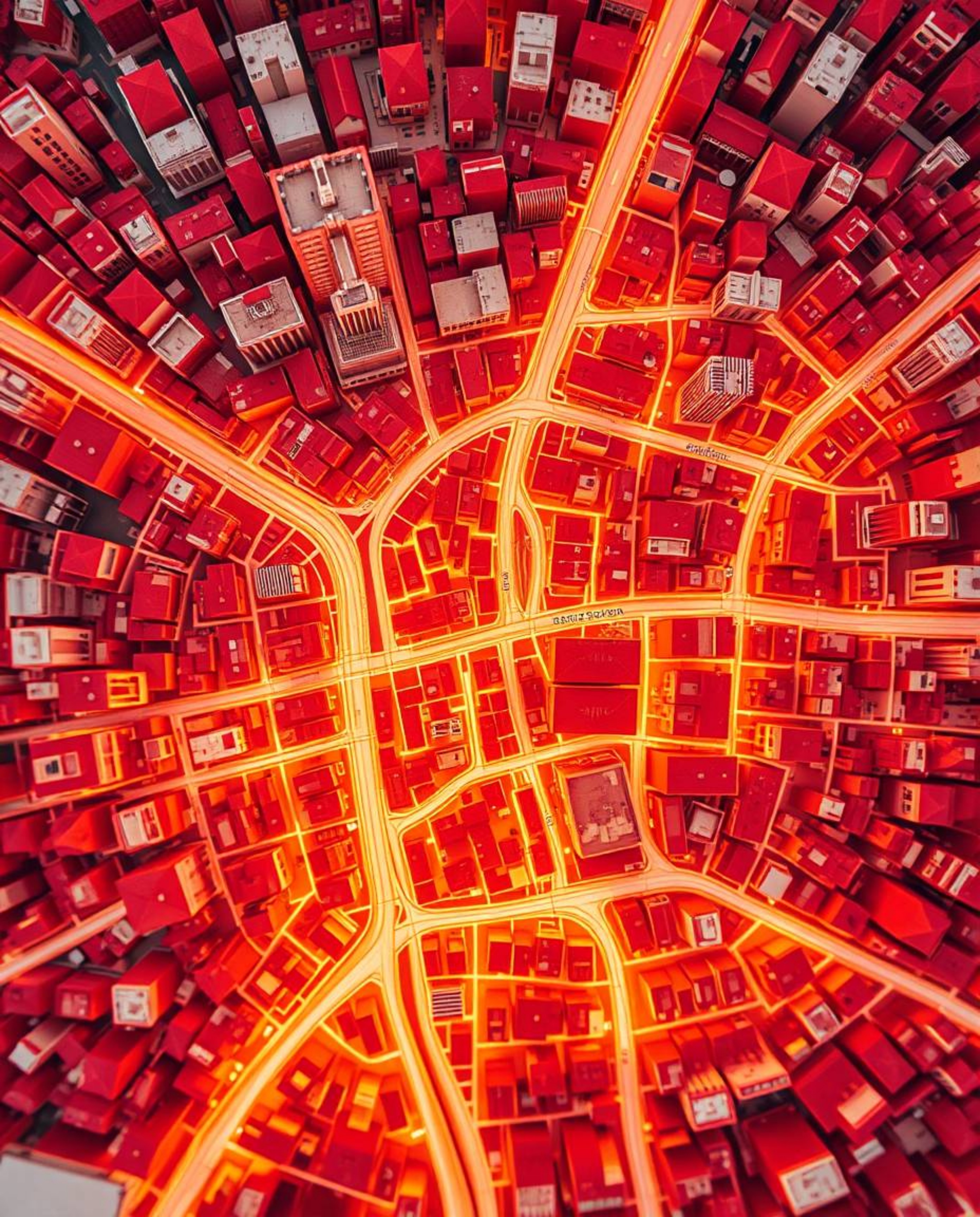 An extreme macro close-up reveals a stunning abstract city map composed of warm, golden-hour-lit geometric shapes.  The top-d