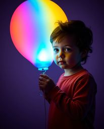 A captivating image featuring a child holding a balloon that glows with mesmerizing bioluminescent colors in electric, vivid 