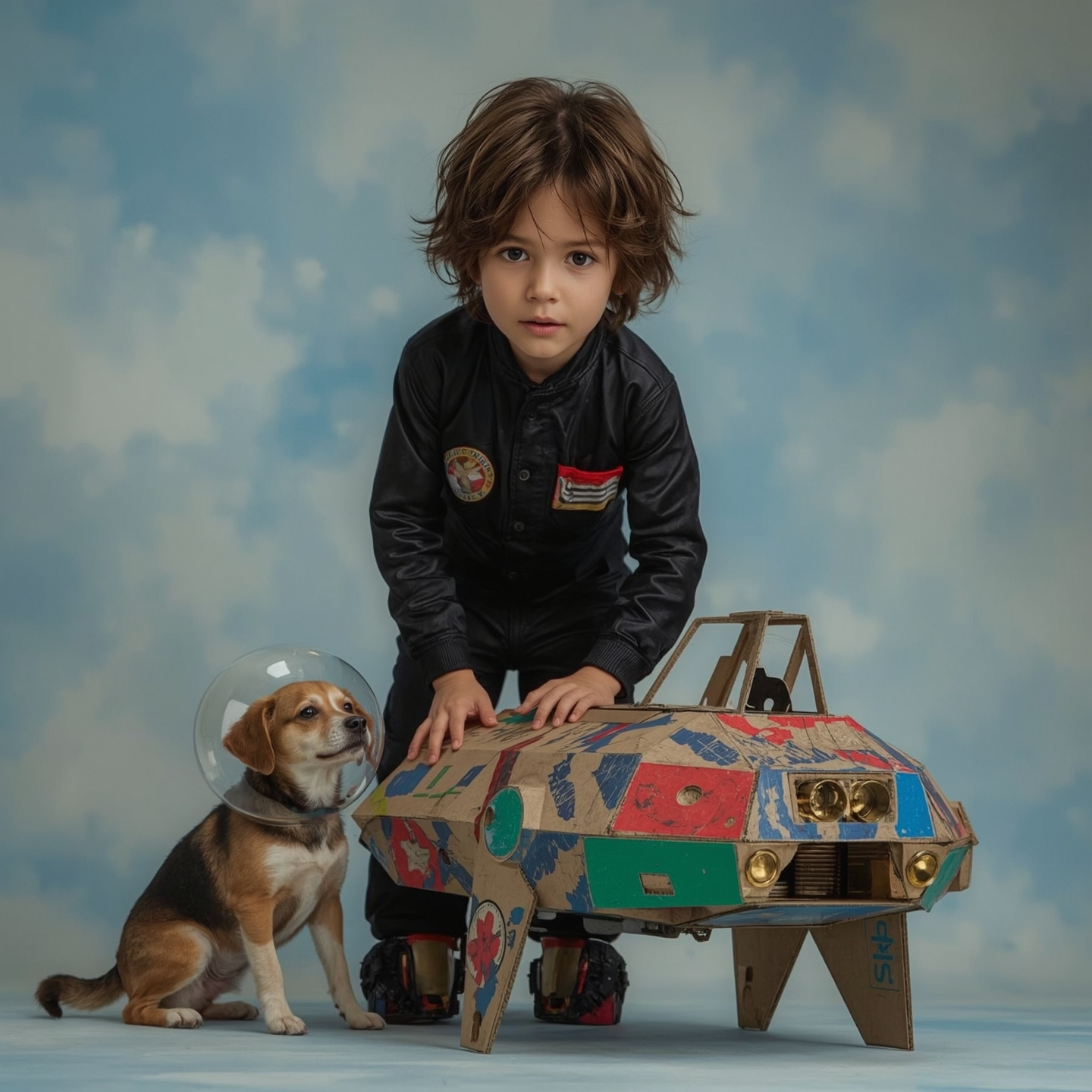 Exquisite high-fashion photography captures a boy with messy brown hair and curious eyes, proudly standing beside his intrica